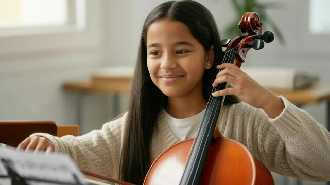 young girl with long hair playing cello in a bright room, focused on music sheet, enjoying classical music lessons with passion and dedication