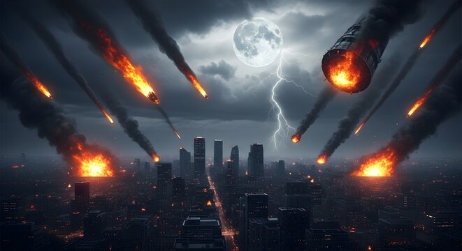 Apocalyptic Cityscape Fiery Meteor Shower and Lightning Storm
