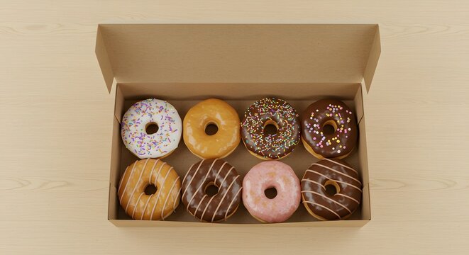 Mockup of a donut box with assorted donuts inside, no labels, top view on a light wooden background &ndash; stock photography.