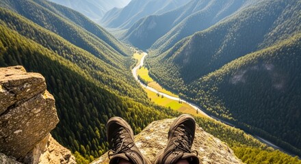 Person's boots on a rock outcrop overlooking a valley with a river and forested mountains view point