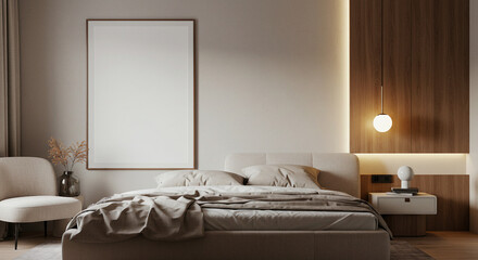 Modern bedroom mockup with warm lighting and empty walls. Ideal for displaying artwork, posters, or print designs in a cozy home interior setting.

