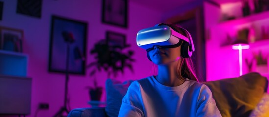 Female child experiencing virtual reality, wearing sleek vr headset amid neon-lit room, showcasing immersive digital interaction and futuristic technology environment