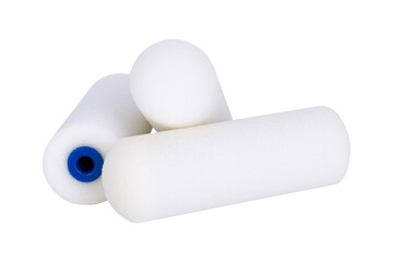 White foam paint roller refills for smooth surface coating and painting tasks, isolated on white background with clipping path.
