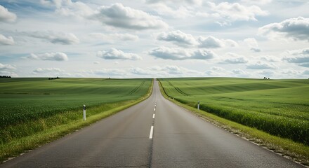 Fototapeta premium A long, empty asphalt road winds through a vibrant green rural landscape towards the horizon under a summer sky with clouds