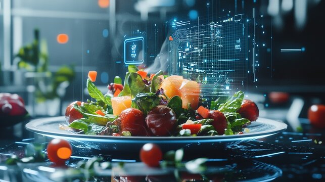 A fresh salad with cherry tomatoes and greens is digitally overlaid with futuristic data and technology graphics in a modern kitchen setting.