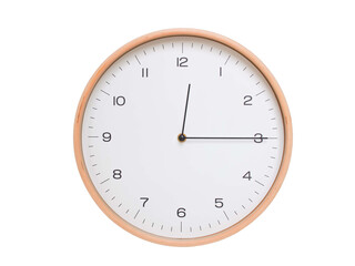 Minimal wall clock with light wood frame and white face displaying 00:15 or 12:15. Perfect for clean, modern concepts about time and scheduling.