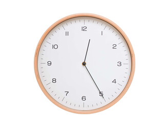 Minimal wall clock with light wood frame and white face displaying 00:25 or 12:25. Perfect for clean, modern concepts about time and scheduling.