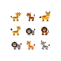 Fototapeta premium Adorable cartoon animal illustrations featuring lions, tigers, giraffes, and zebras in a playful arrangement