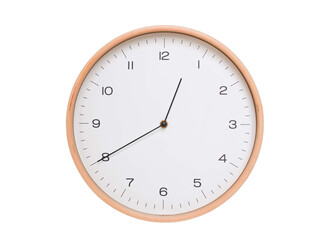 Minimal wall clock with light wood frame and white face displaying 00:40 or 12:40. Perfect for clean, modern concepts about time and scheduling.