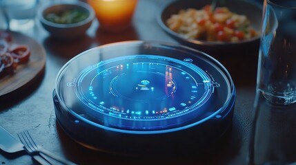 A futuristic, transparent clock with glowing blue digital elements sits on a dining table surrounded by food and drink items.