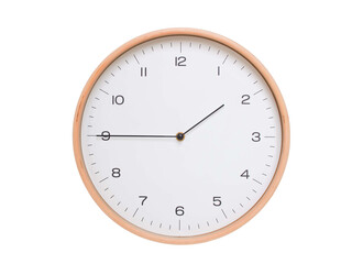Minimal wall clock with light wood frame and white face displaying 01:45 or 13:45. Perfect for clean, modern concepts about time and scheduling.