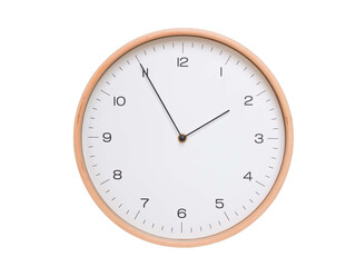 Minimal wall clock with light wood frame and white face displaying 01:55 or 13:55. Perfect for clean, modern concepts about time and scheduling.