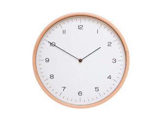 Minimal wall clock with light wood frame and white face displaying 01:50 or 13:50. Perfect for clean, modern concepts about time and scheduling.