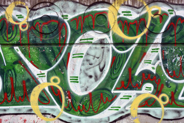 Bright, colorful lettering with green letters and black, yellow, red lines, one word WOWK painted...