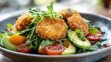 Tacos with fried avocados tomatoes and greens on distressed