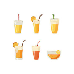 Assorted glasses of refreshing orange juice with straws and orange slices, ideal for summer or a healthy lifestyle