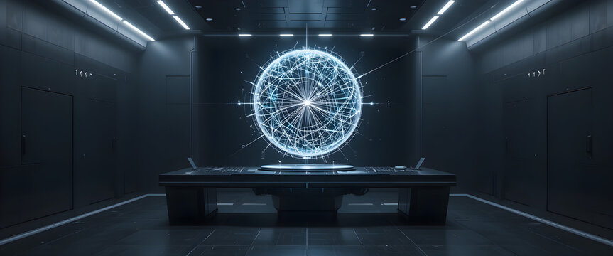 Holographic command center. A glowing, 3D sphere of complex data floats above a futuristic control panel in a dark, high-tech room.
