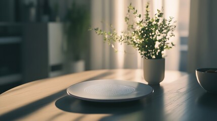 A minimalist dining table scene featuring a white empty plate and a potted plant with delicate green foliage, bathed in soft natural light.