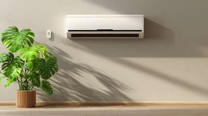 Modern Wall-Mounted Air Conditioner with Large Green Plant and Sunlight Shadows in Minimalist Room