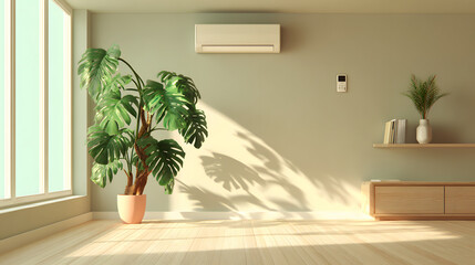 Minimalist Modern Living Room with Air Conditioner, Large Plant, and Warm Sunlight