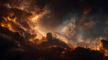 Dramatic Cosmic Nebula with Fiery Orange Clouds and Distant Stars