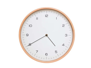 Minimal wall clock with light wood frame and white face displaying 04:40 or 16:40. Perfect for clean, modern concepts about time and scheduling.