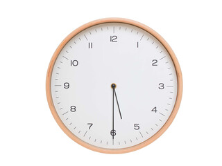 Minimal wall clock with light wood frame and white face displaying 05:30 or 17:30. Perfect for clean, modern concepts about time and scheduling.
