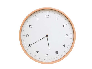 Minimal wall clock with light wood frame and white face displaying 05:40 or 17:40. Perfect for...