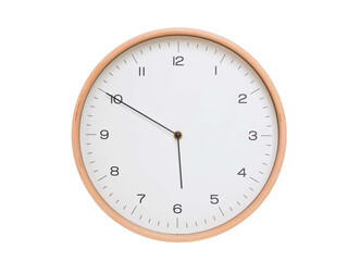 Minimal wall clock with light wood frame and white face displaying 05:50 or 17:50. Perfect for...