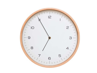 Minimal wall clock with light wood frame and white face displaying 06:55 or 18:55. Perfect for clean, modern concepts about time and scheduling.