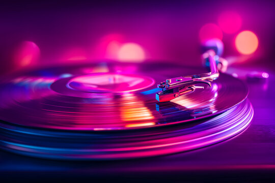 Vinyl record spins rapidly with vibrant reflections and dramatic studio lighting. Colorful bokeh enhances energetic atmosphere. Concept of music production, DJ services, entertainment industry