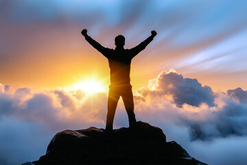 Fototapeta premium Man is shouting in joy with arms raised on mountain summit during breathtaking sunrise, surrounded by stunning clouds. Concept of adventure, motivation, outdoor activities
