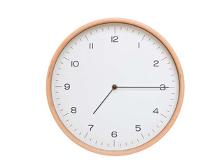 Minimal wall clock with light wood frame and white face displaying 07:15 or 19:15. Perfect for clean, modern concepts about time and scheduling.