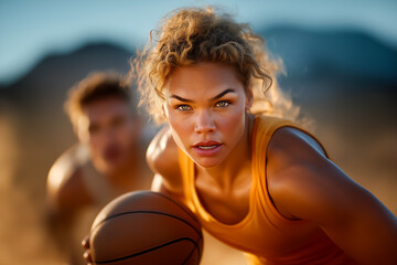 Woman dribbling basketball with focused expression. Background shows male player blurred in action, captivating summer light illuminates scene. Concept of sports, teamwork, athletics