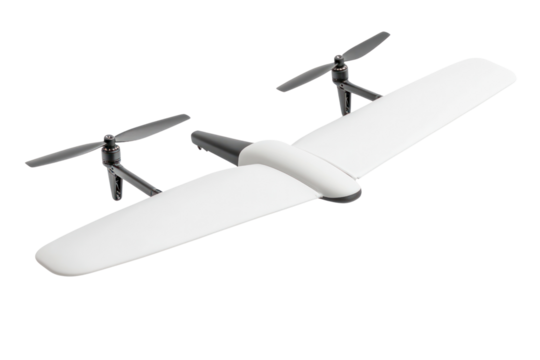 Drone Technology: A modern and sleek drone, captured in a professional style, features two propellers, offering a unique perspective of future technology. The design is clean and futuristic. 