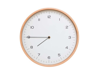 Minimal wall clock with light wood frame and white face displaying 07:45 or 19:45. Perfect for...