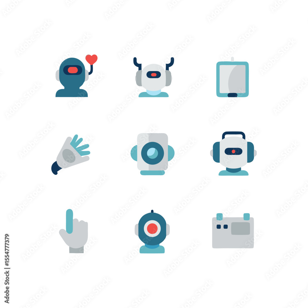 Poster collection of diverse robot characters and digital device icons showcasing technology and artificial