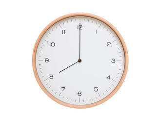 Minimal wall clock with light wood frame and white face displaying 08:00 or 20:00. Perfect for clean, modern concepts about time and scheduling.