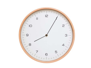 Minimal wall clock with light wood frame and white face displaying 08:05 or 20:05. Perfect for clean, modern concepts about time and scheduling.