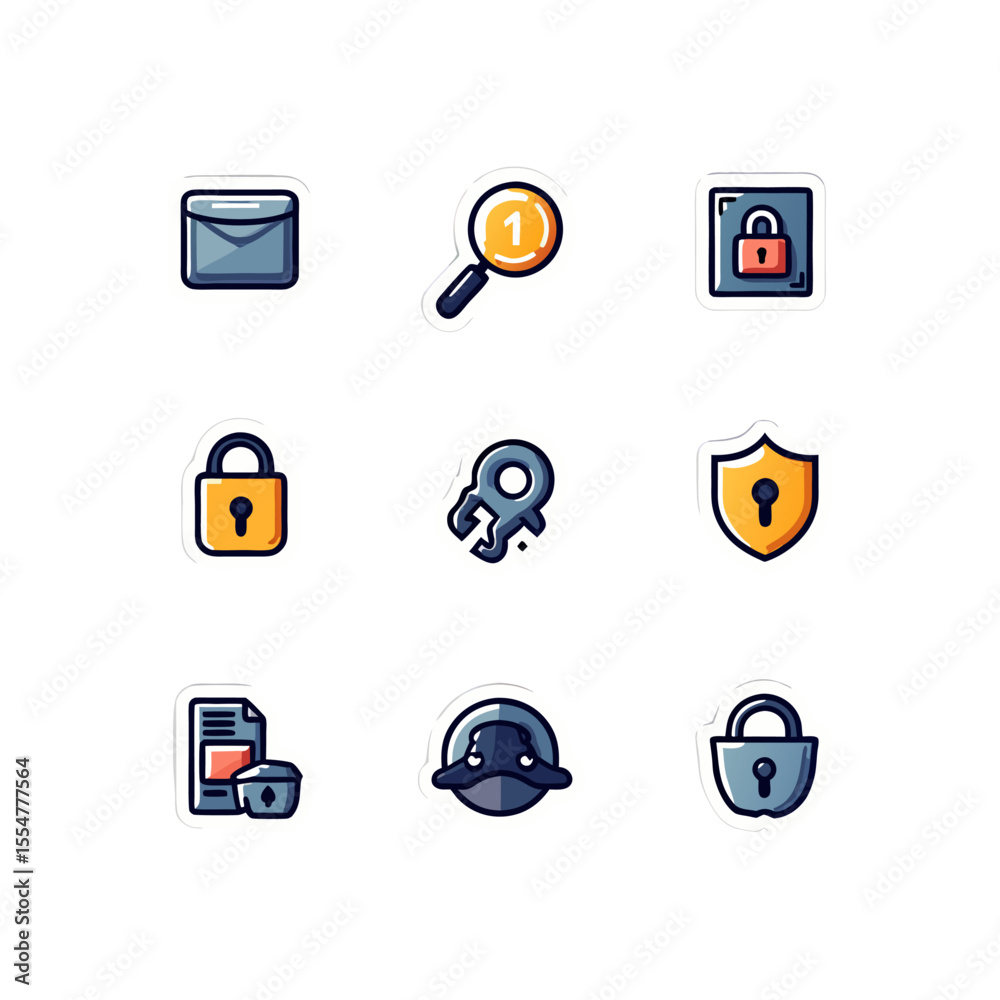 Poster collection of security and communication icons with a consistent vector art style representing vario