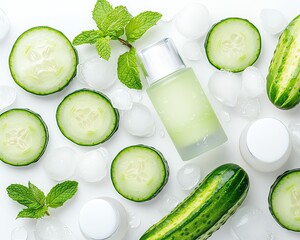Top View Skincare Flatlay with Sliced Cucumber and Mint