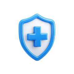 Fototapeta premium 3D icon of a shield with a medical cross, in blue color on a white background, png, transparent