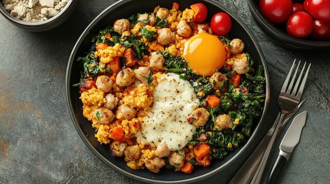 A healthy bowl featuring cooked grains, sauteed kale, chickpeas, a runny egg yolk, and a dollop of creamy sauce, alongside fresh cherry tomatoes.