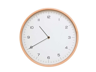 Minimal wall clock with light wood frame and white face displaying 10:40 or 22:40. Perfect for clean, modern concepts about time and scheduling.