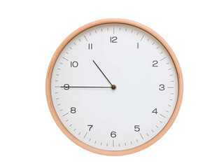 Minimal wall clock with light wood frame and white face displaying 10:45 or 22:45. Perfect for clean, modern concepts about time and scheduling.