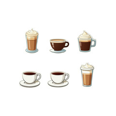 Obraz premium Diverse coffee selections in a charming vector style illustration featuring various coffee drinks including latte, cappuccino, and regular coffee on a white background
