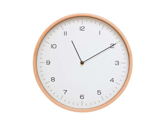 Minimal wall clock with light wood frame and white face displaying 11:10 or 23:10. Perfect for clean, modern concepts about time and scheduling.