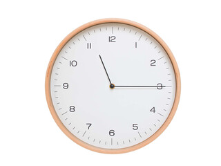 Minimal wall clock with light wood frame and white face displaying 11:15 or 23:15. Perfect for clean, modern concepts about time and scheduling.