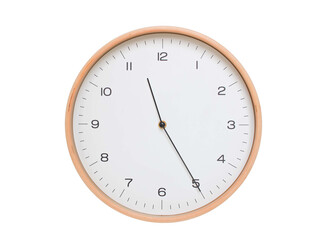Minimal wall clock with light wood frame and white face displaying 11:25 or 23:25. Perfect for clean, modern concepts about time and scheduling.