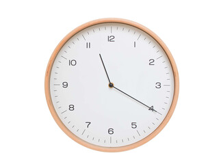 Minimal wall clock with light wood frame and white face displaying 11:20 or 23:20. Perfect for clean, modern concepts about time and scheduling.
